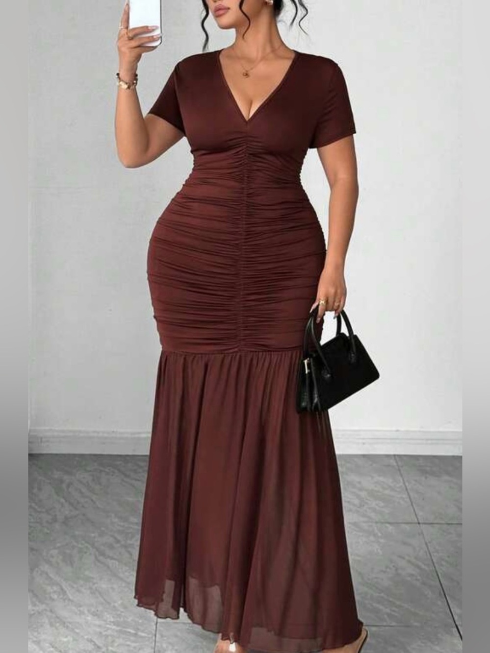 Shein V-Neck Ruched Maxi Dress in Chocolate Brown, Sz OXL (L-XL)